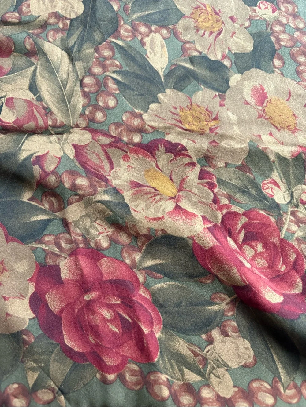 CHANEL Olive Green Scarf with Pink Floral and Pearl Motif - Picture 4 of 7